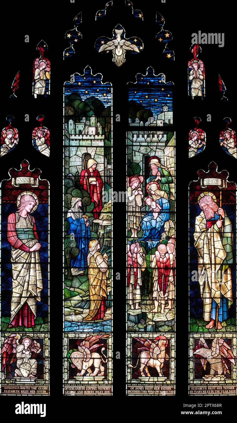 St Anne, The Adoration of the Magi, The Nativity and Simeon depicted by William Morris and Burne-Jones (1908), St Silas Church, Blackburn, Lancashire Stock Photo