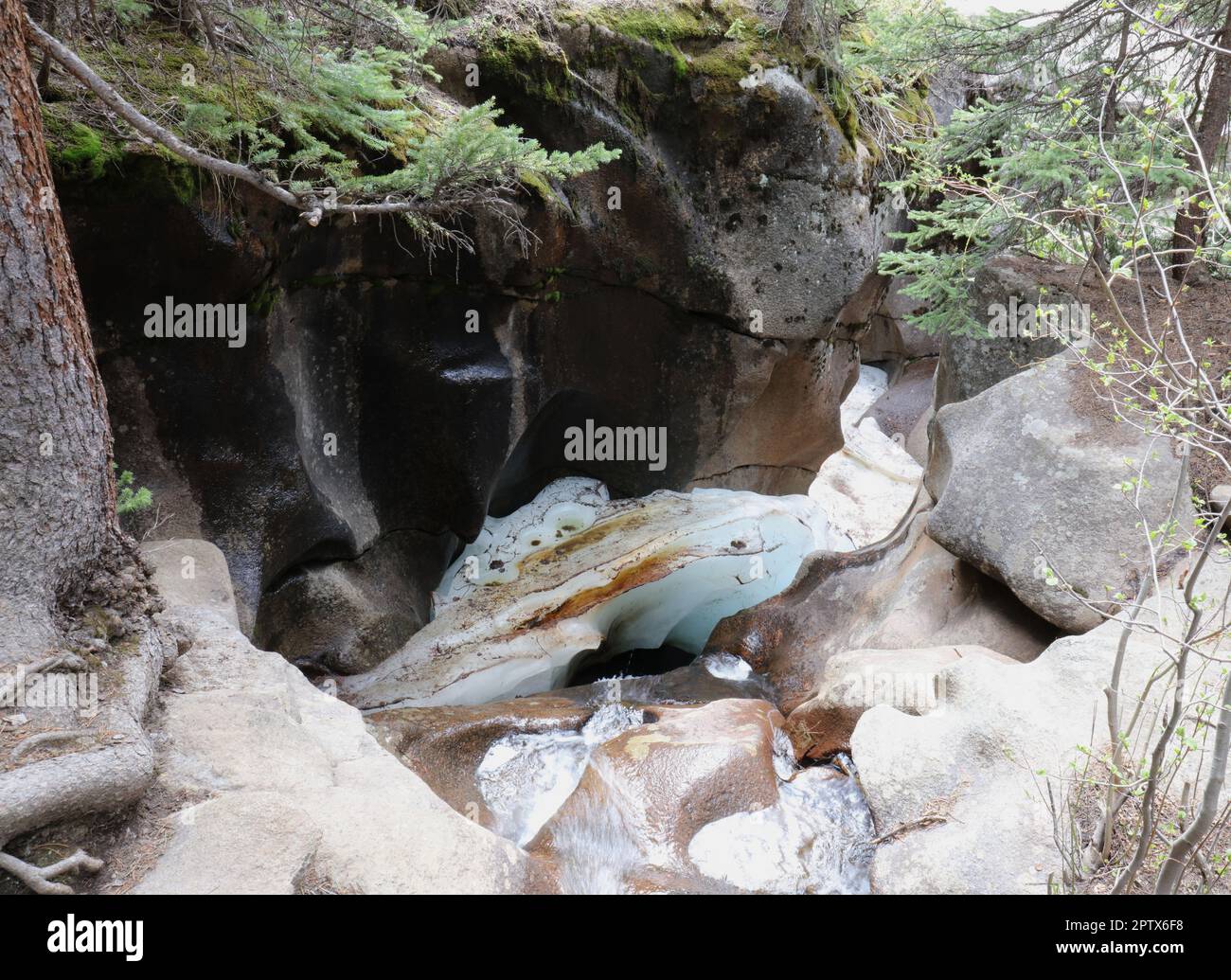 A clump of rusty snow in the ice caves at the Grottos in White River ...