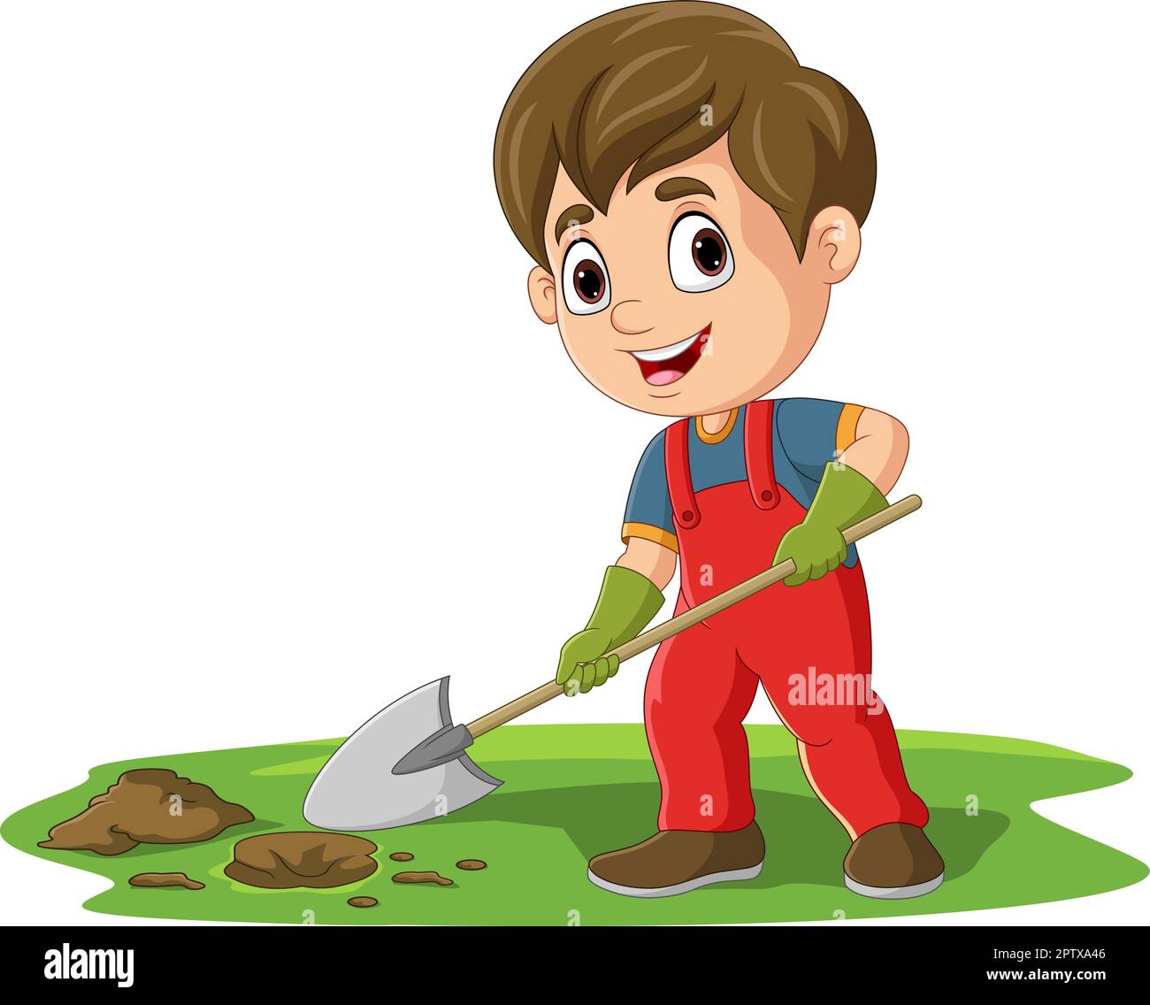 Cartoon little boy digging hole with shovel Stock Vector