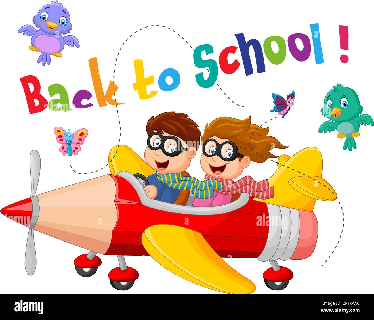 Cute boy and girl cartoon flying on pencil airplane Stock Vector