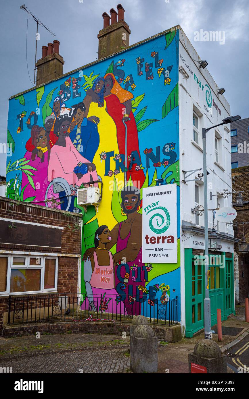 Trans Art on the side of the Mar I Terra Spanish Restaurant in Southwark South London, at 14 Gambia Street, London. Opened in an old pub in 2000. Stock Photo