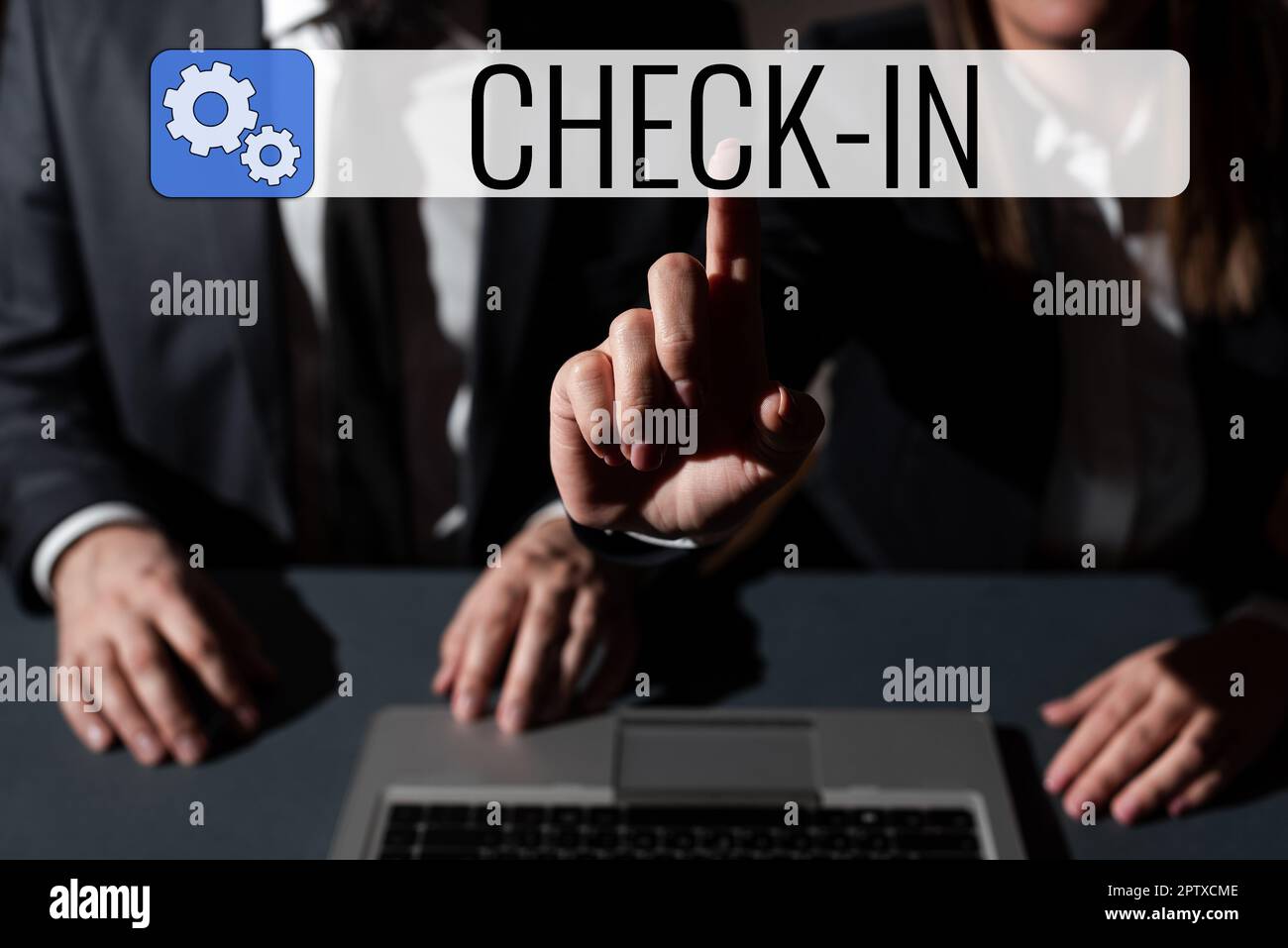 Sign displaying Check In, Business overview Procedure by which an ...