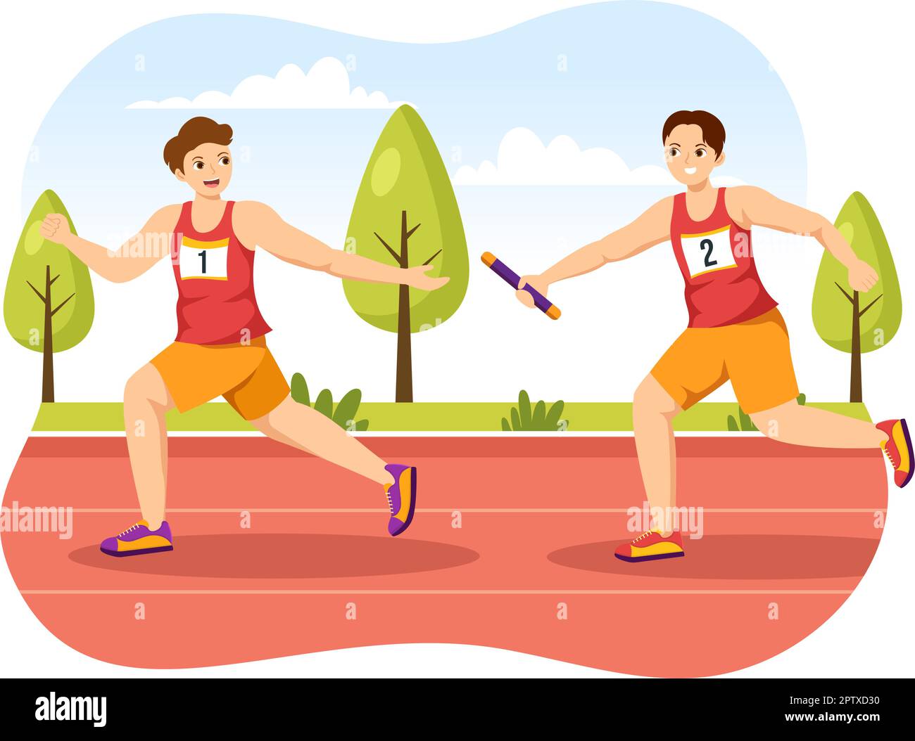 Relay Race Illustration by Passing the Baton to Teammates Until Reaching the Finish Line in a Sports Championship Flat Cartoon Hand Drawing Template Stock Vector
