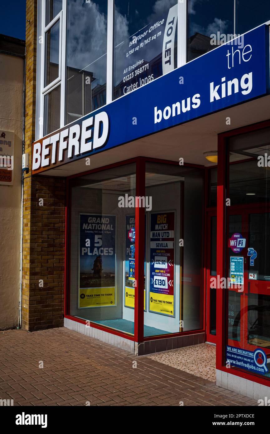 Betfred Bookmakers Shop in Cambridge UK. Betfred Bookies Shop. Betfred the Bonus King. Stock Photo
