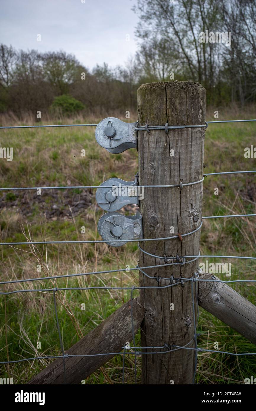Three galvanised rotating wire tensioners on a wooden fence post with multiple wires. Stock Photo