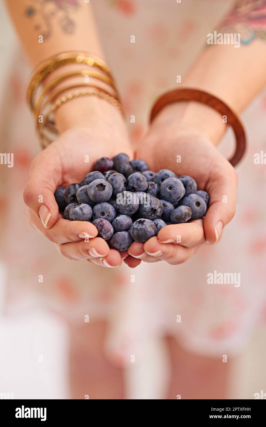 Rich in antioxidants and so tasty. a bunch of blueberries in womans cupped hands Stock Photo
