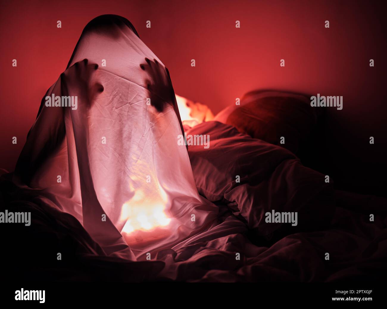 Ghost, sheet and red light in bedroom for scary story, horror and evil