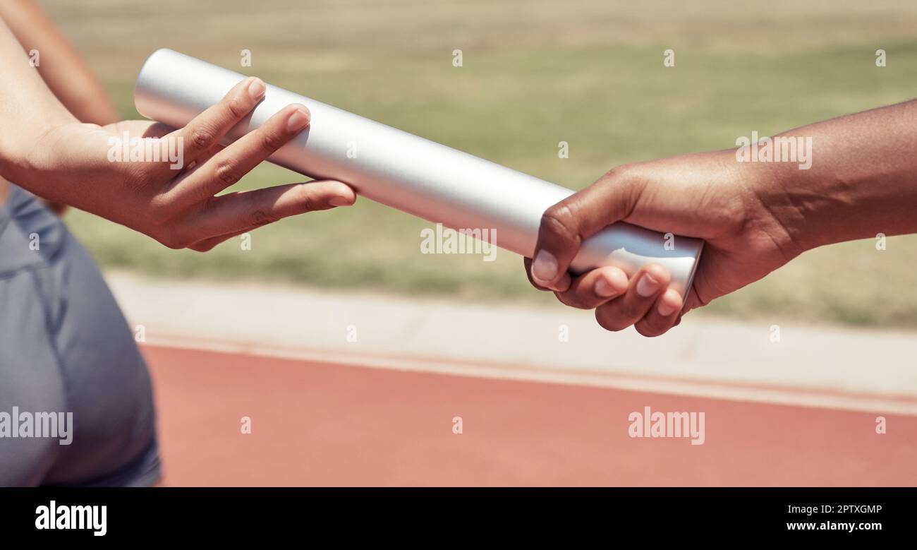 Hands, team and sports relay baton for running, sprint or fitness