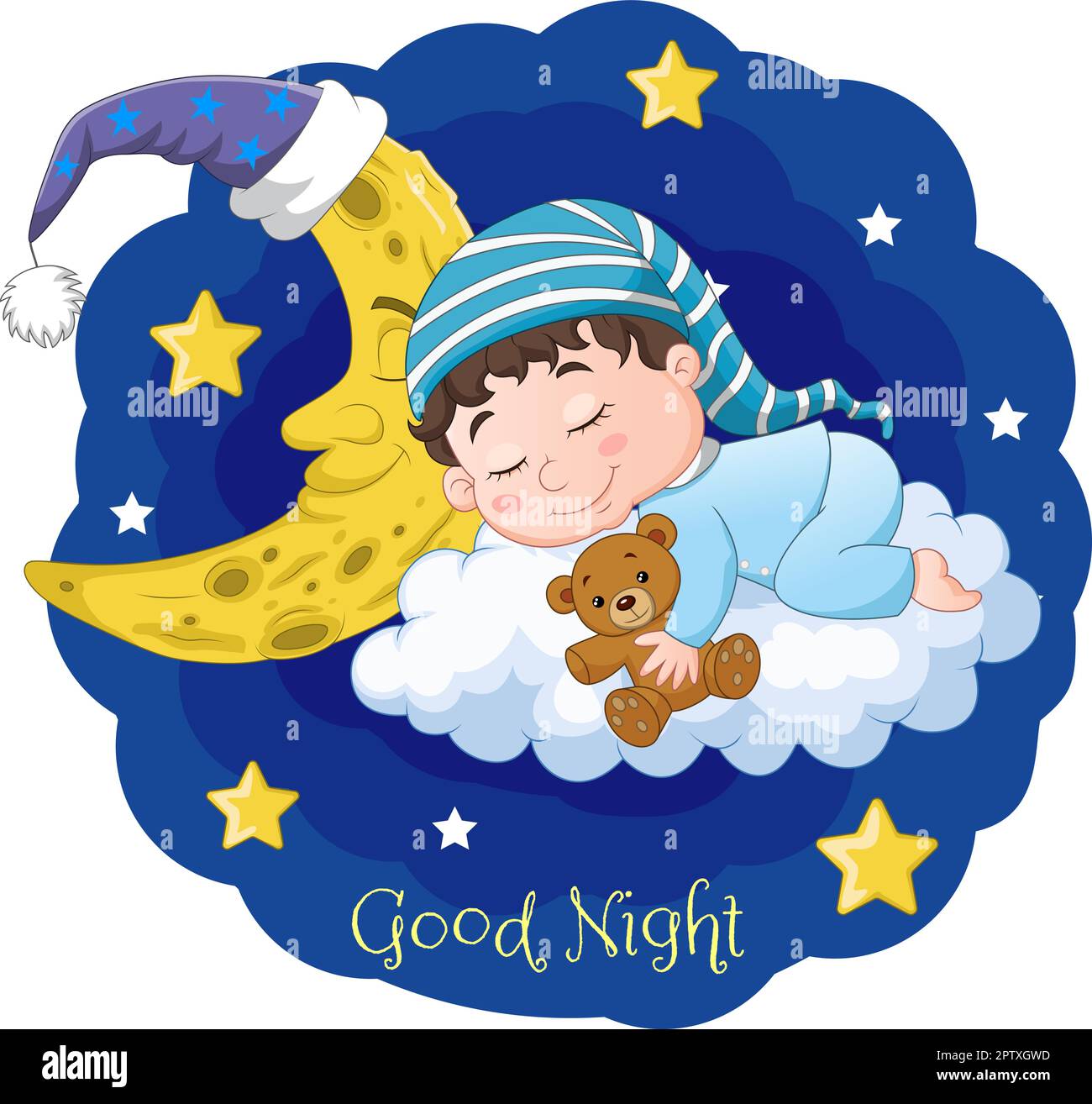 Cartoon baby sleeping with teddy bear and moon on the clouds Stock