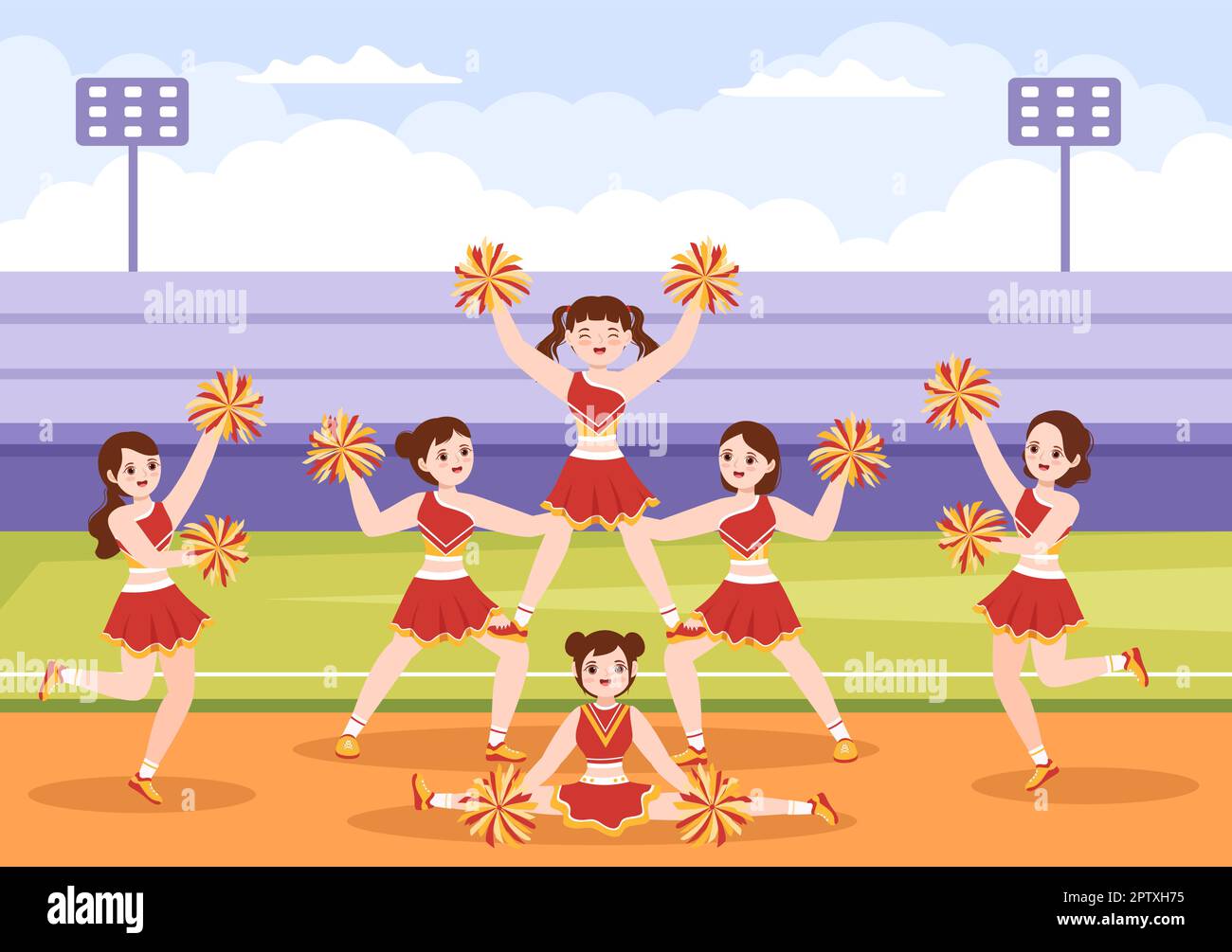 Cheerleaders Team in Uniform Dancing with - Stock Illustration
