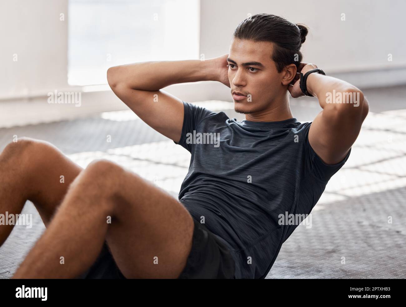 Fitness floor and man doing crunch exercise for body wellness