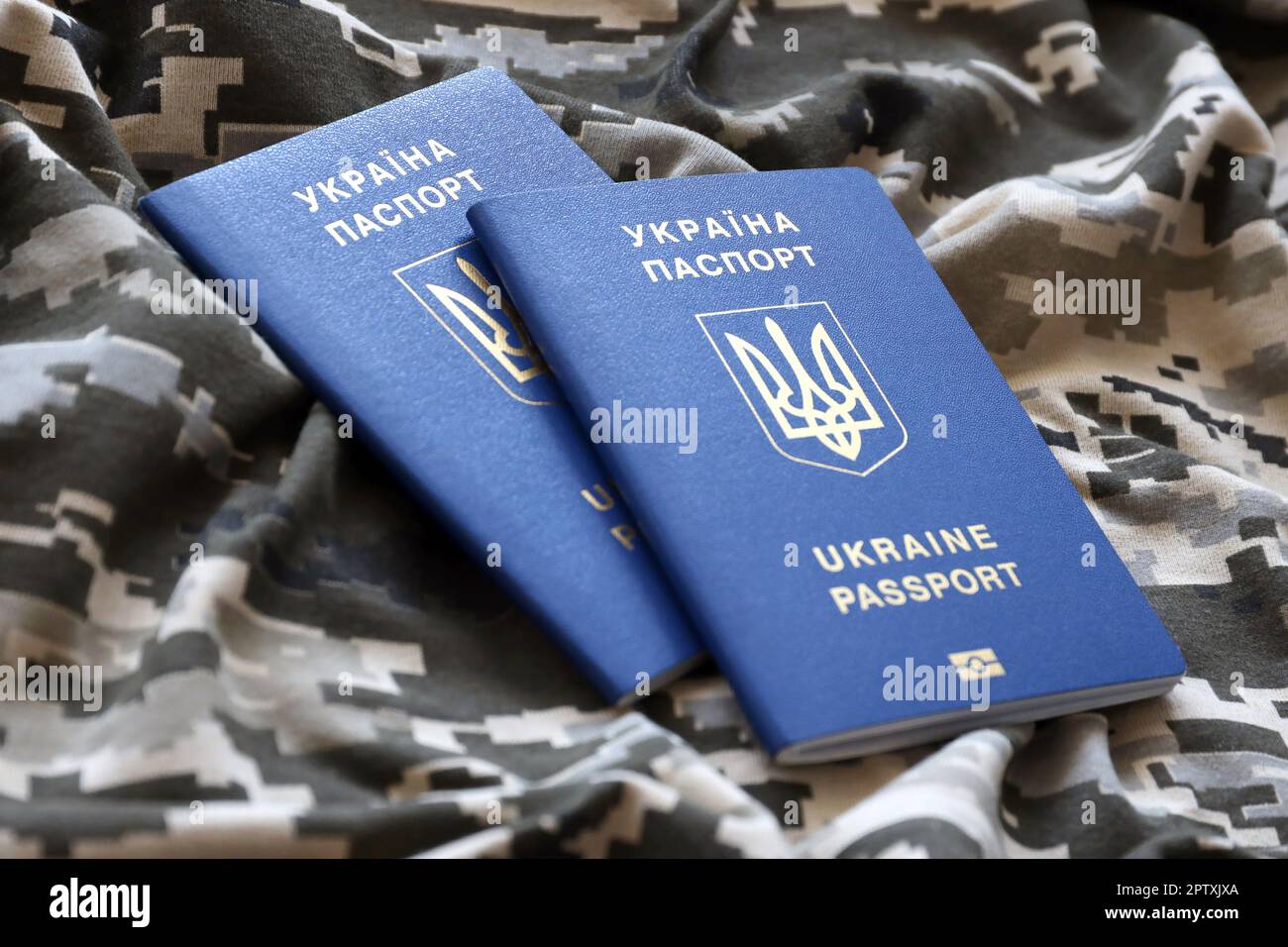 Ukrainian foreign passport on fabric with texture of military pixeled