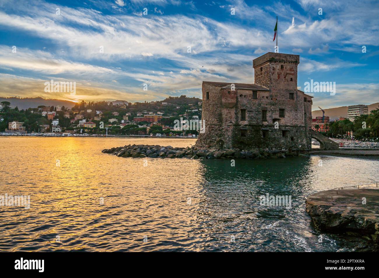 Ancient castle built on the bay of Rapallo on the Italian Riviera Stock ...