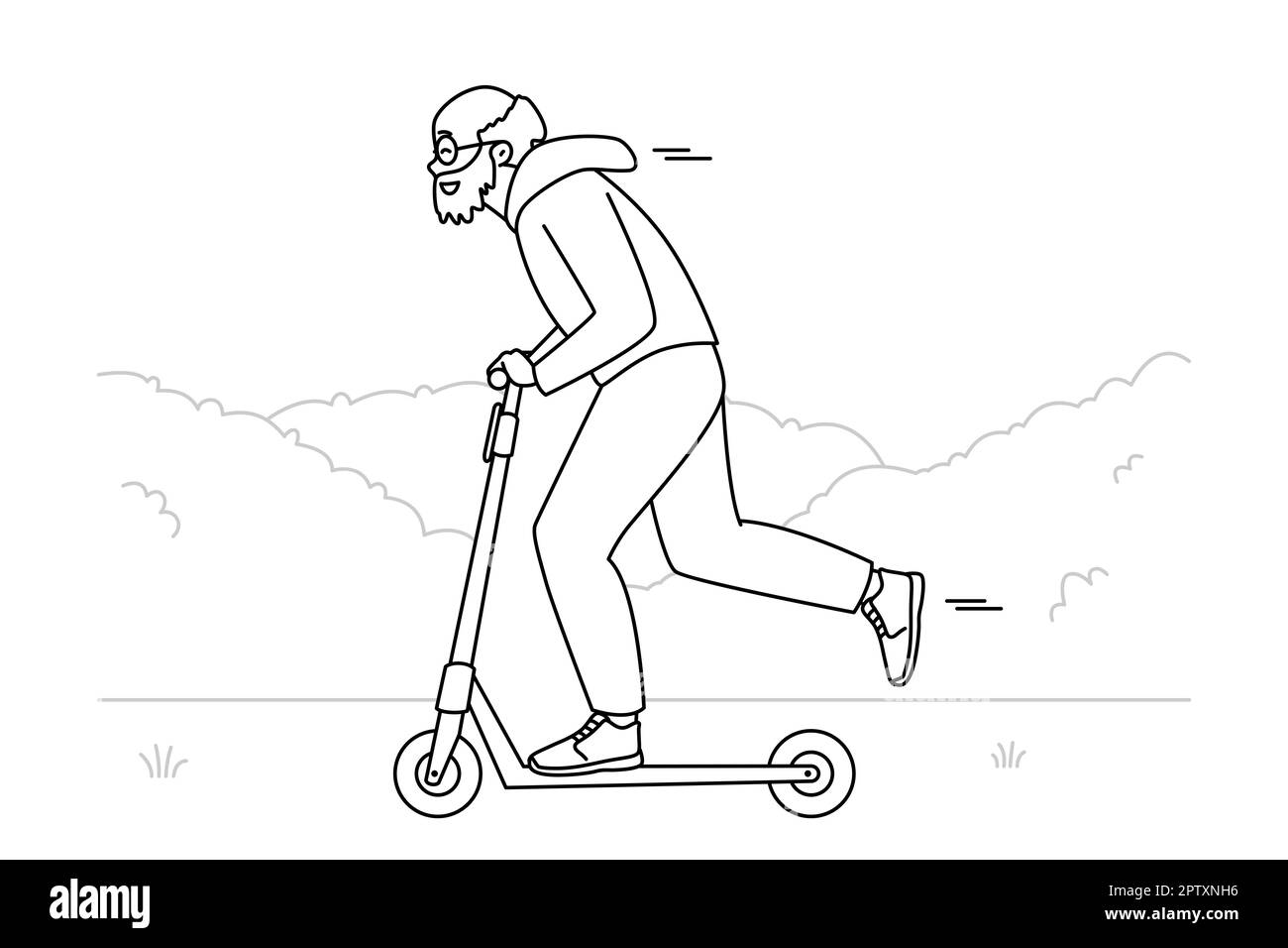 Happy energetic elderly man riding on scooter outdoors. Smiling active old grandparent have fun driving on motorscooter. Maturity. Vector illustration Stock Photo