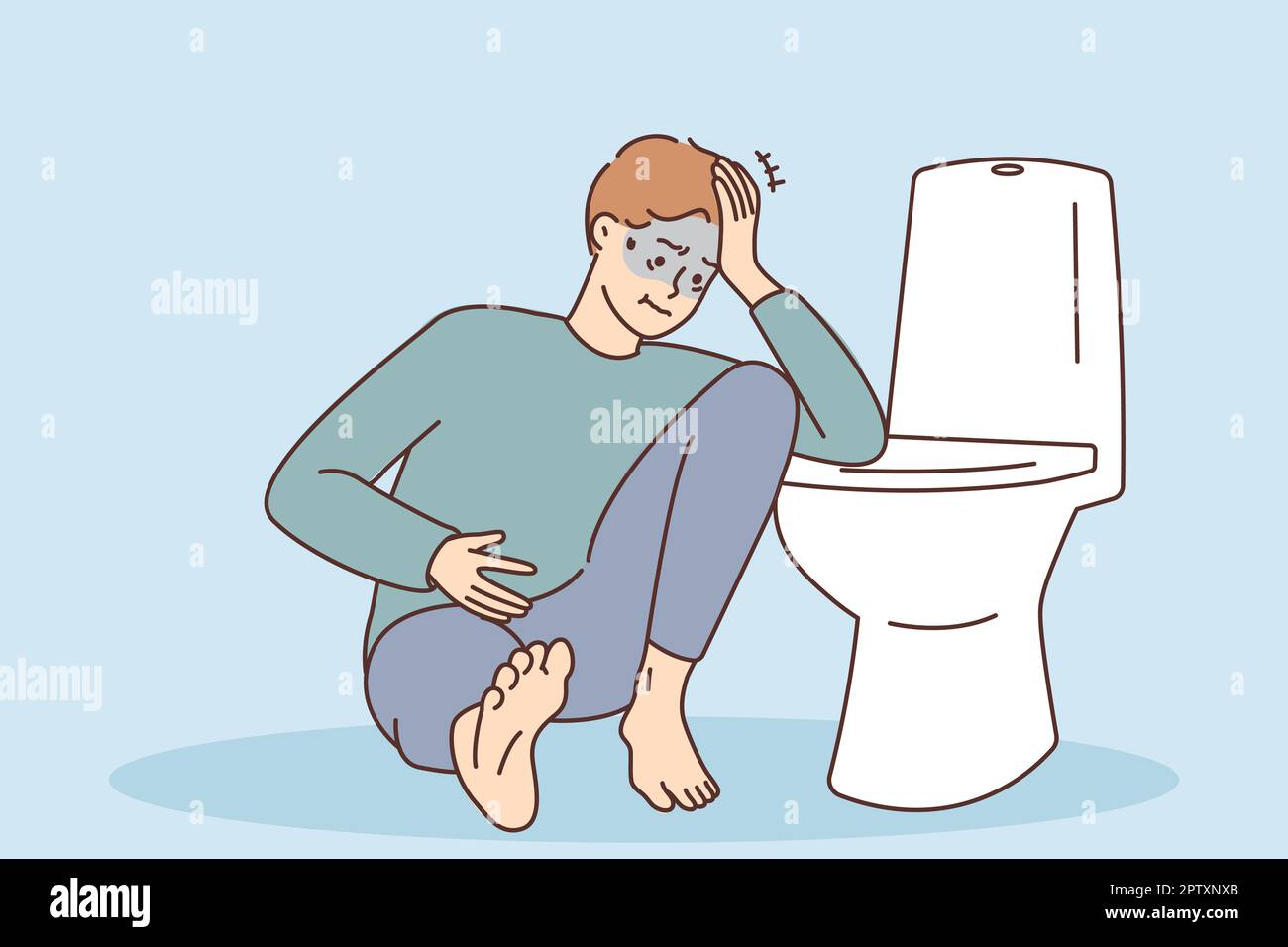 Unhealthy young man sitting near toilet suffer from food poisoning or