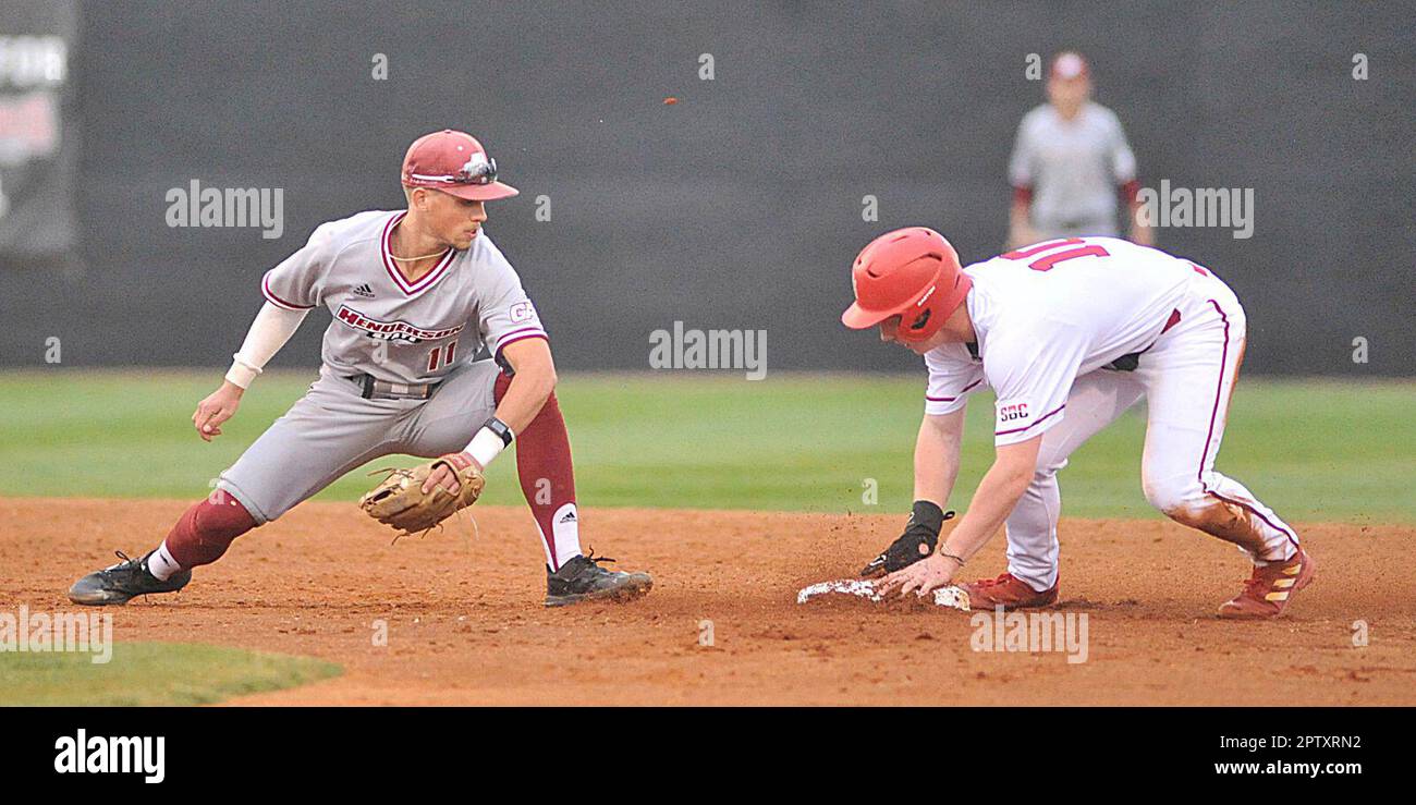 Arkansas State's Wil French (10) steals second base before Henderson  State's Logan Cowart can apply the tag during a college baseball game  Tuesday, April 25, 2023, in Jonesboro, Ark. Arkansas State won