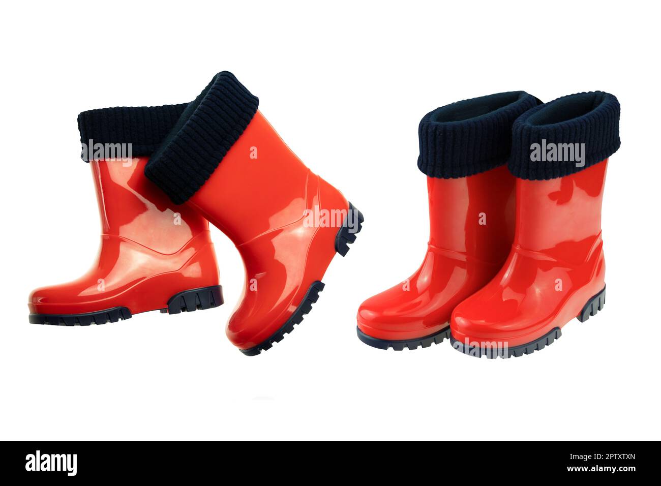 Childrens shoes and boots. Closeup of seasonable red rubber boots or