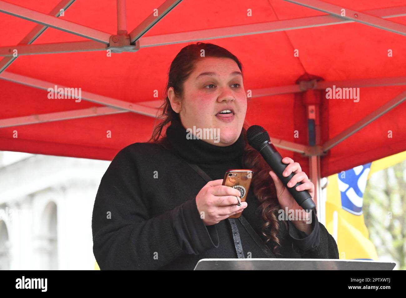 Lee Clarke Rally London, UK. 28th Apr, 2023. Speaker Ellie Clarke is a cabinet office at ...