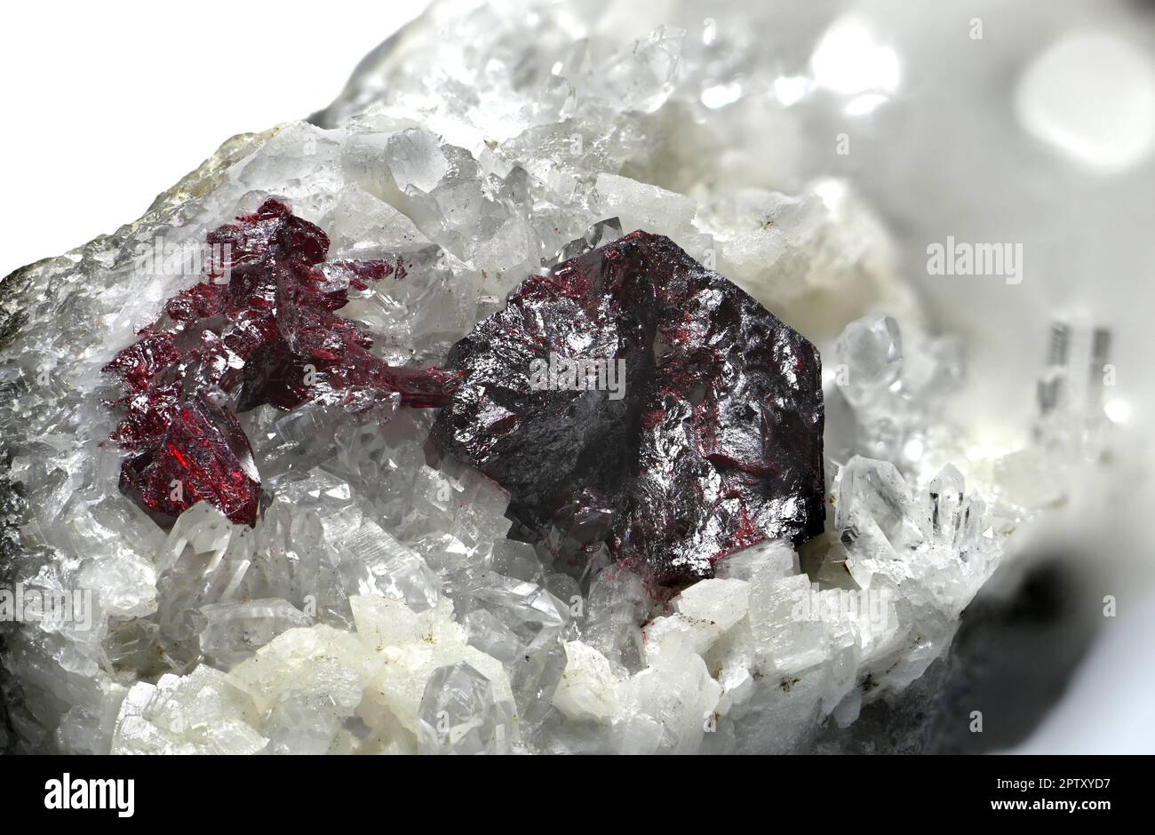 Cinnabar (mercury sulphide) on Quartz Cluster (Mined In Hunan, China) Stock Photo