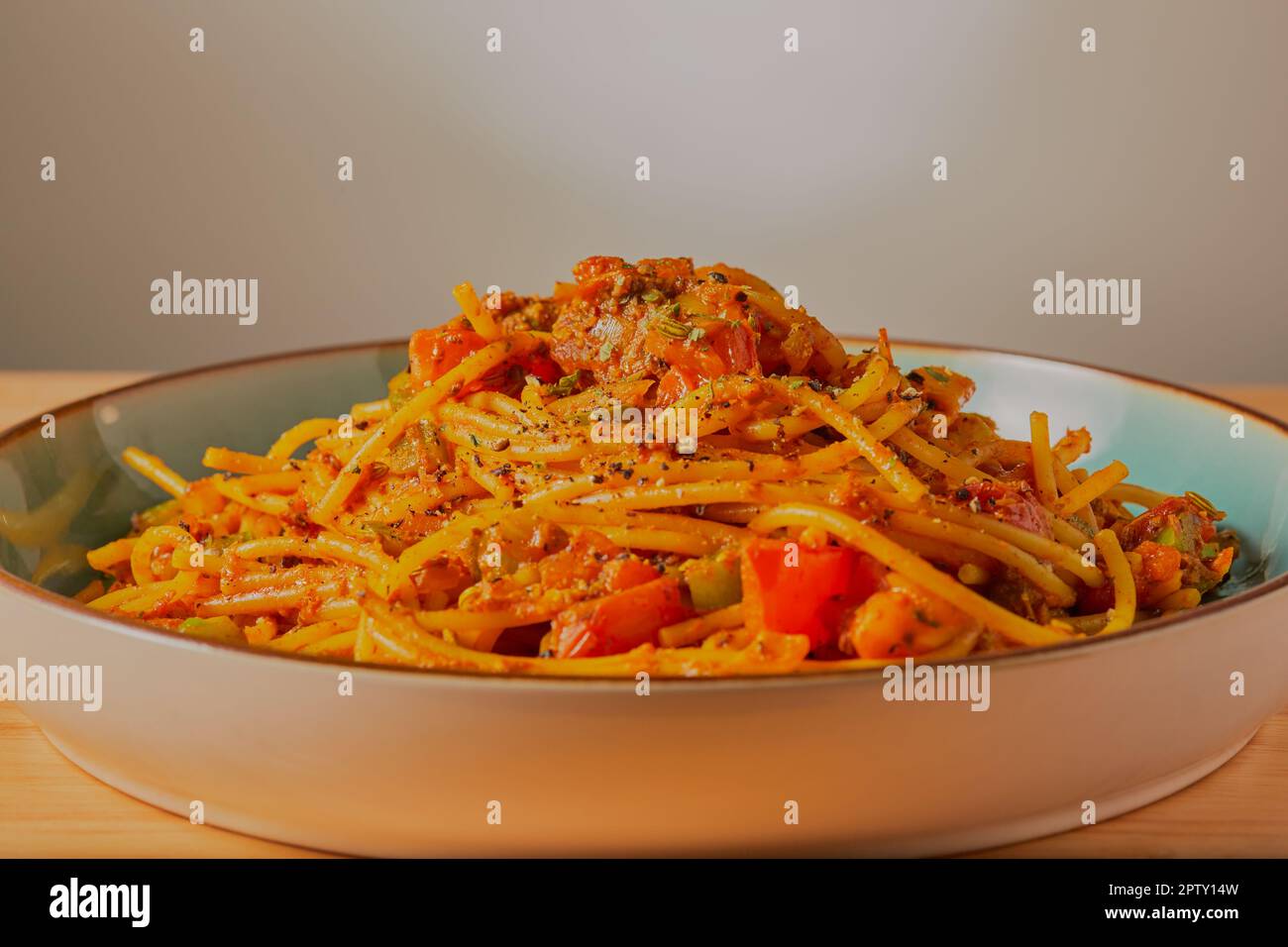 Healthy spaghetti and sardines with vegetables. Stock Photo
