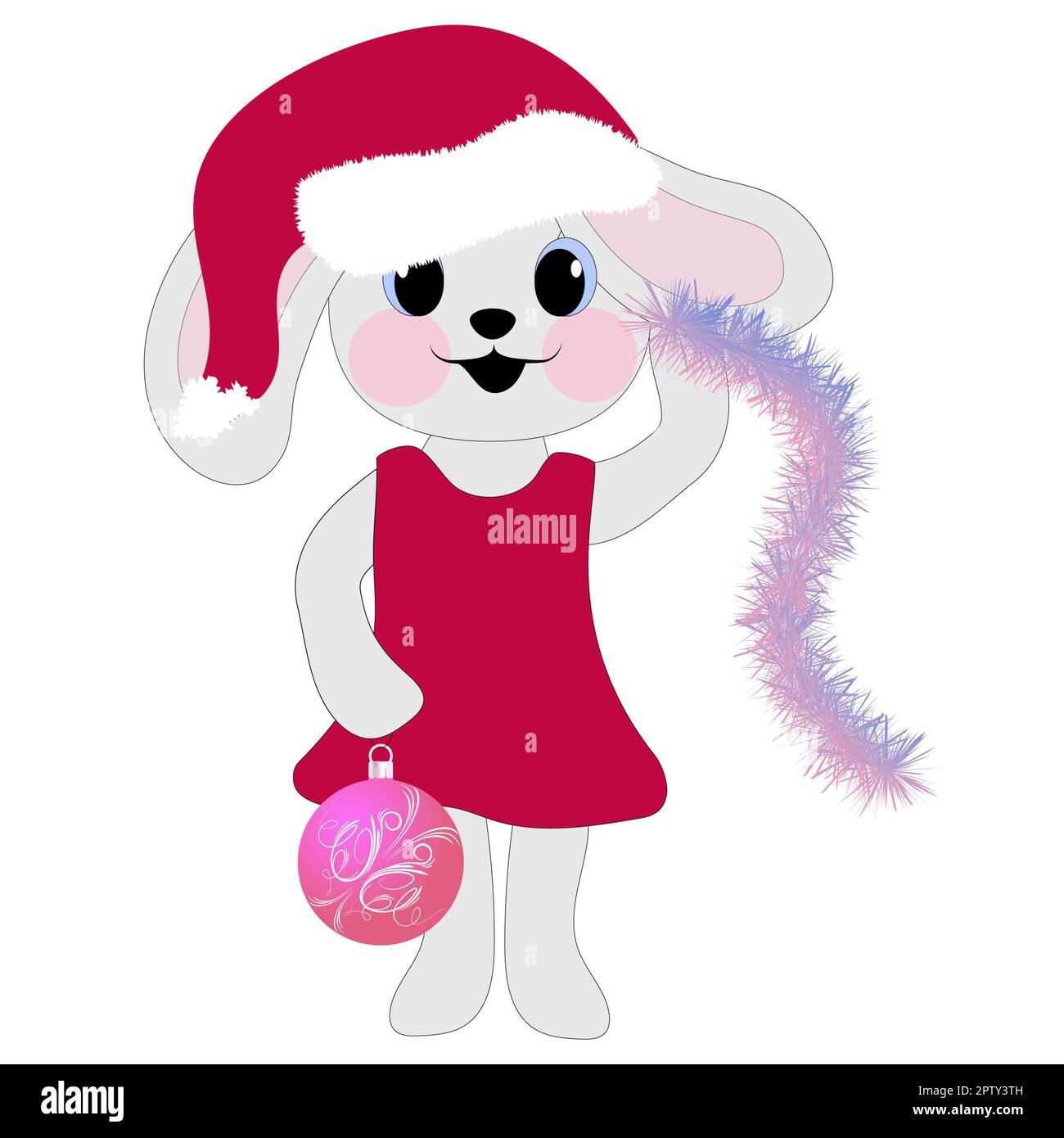 Bunny girl in a pink dress and a bow with a balloon on a white