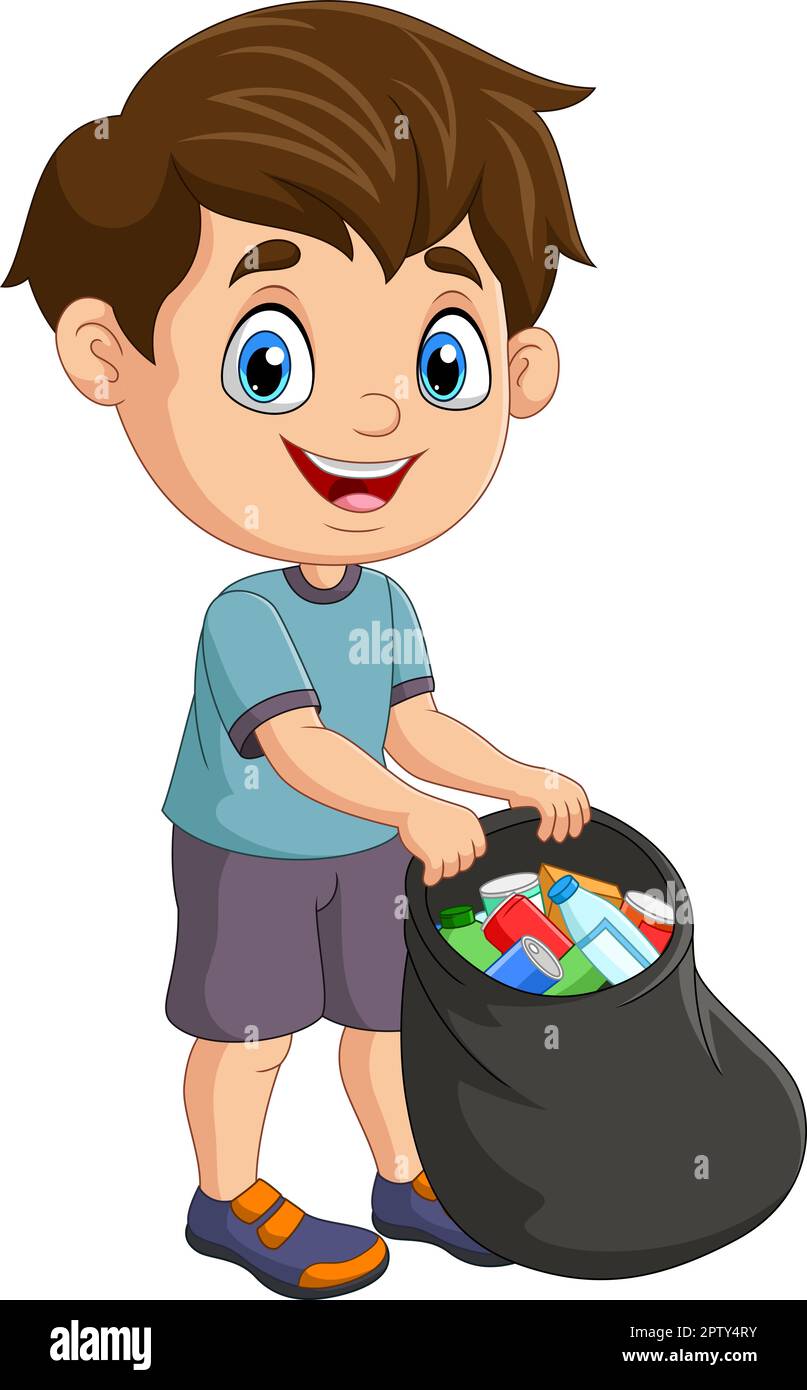 Cartoon boy gathering bottles into black plastic bag Stock Vector Image & Art Alamy