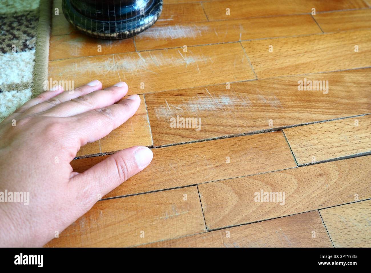 Scratched old parquet flooring needs maintenance. The parquet is
