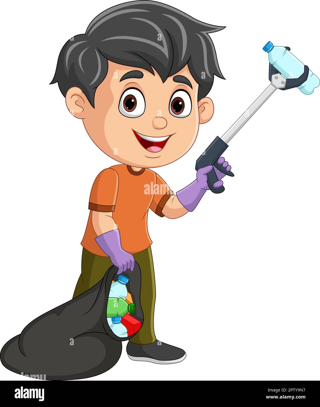 Cartoon boy collecting plastic garbage with litter stick Stock Vector