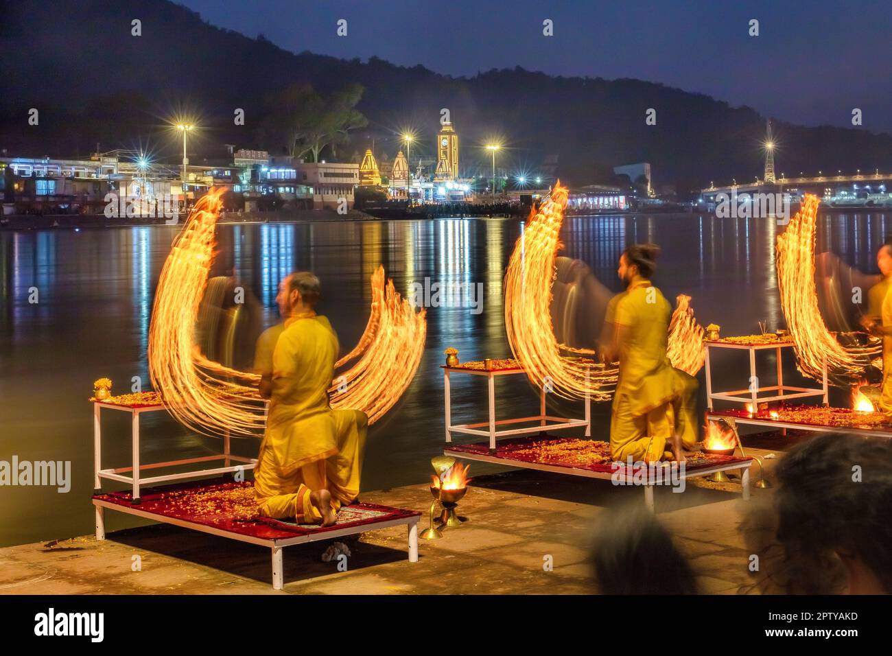 India, Uttarakhand, Rishikesh, Ganga, Ganges river. Ganga Aarti ceremony. Stock Photo