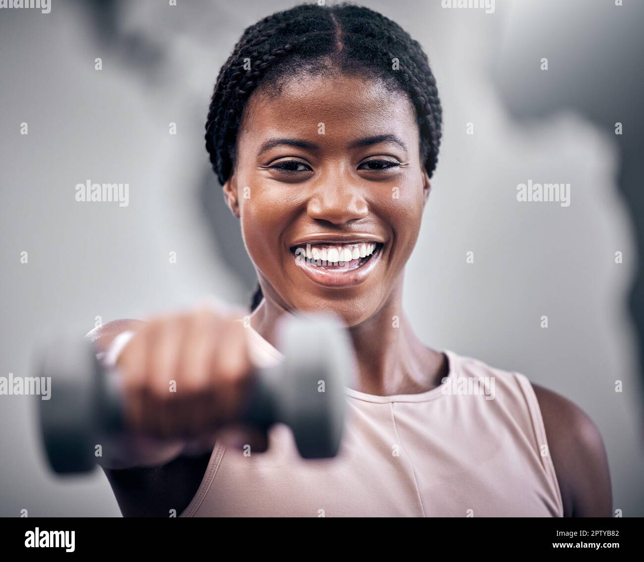 Dumbbell, fitness and black woman in portrait for muscle, power