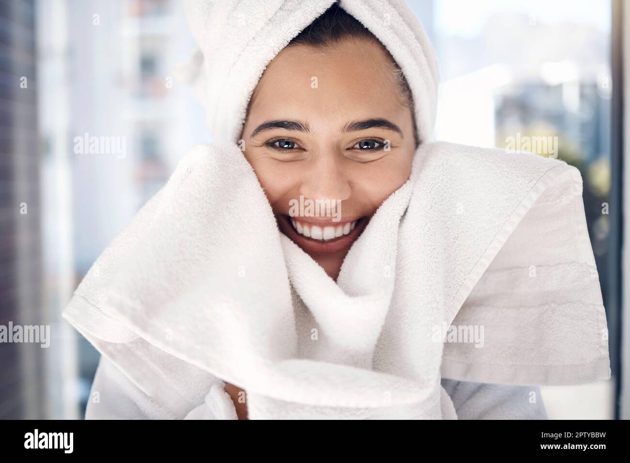 Face, towel and portrait of woman, shower or bathroom, aesthetic and