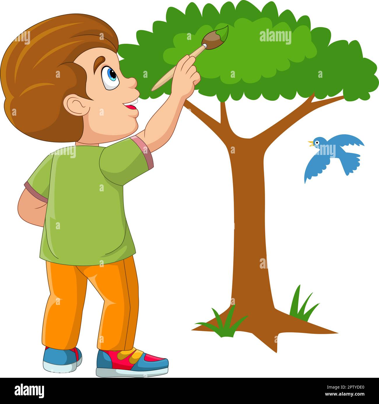 Cute little boy painting tree on the wall Stock Vector Image & Art - Alamy