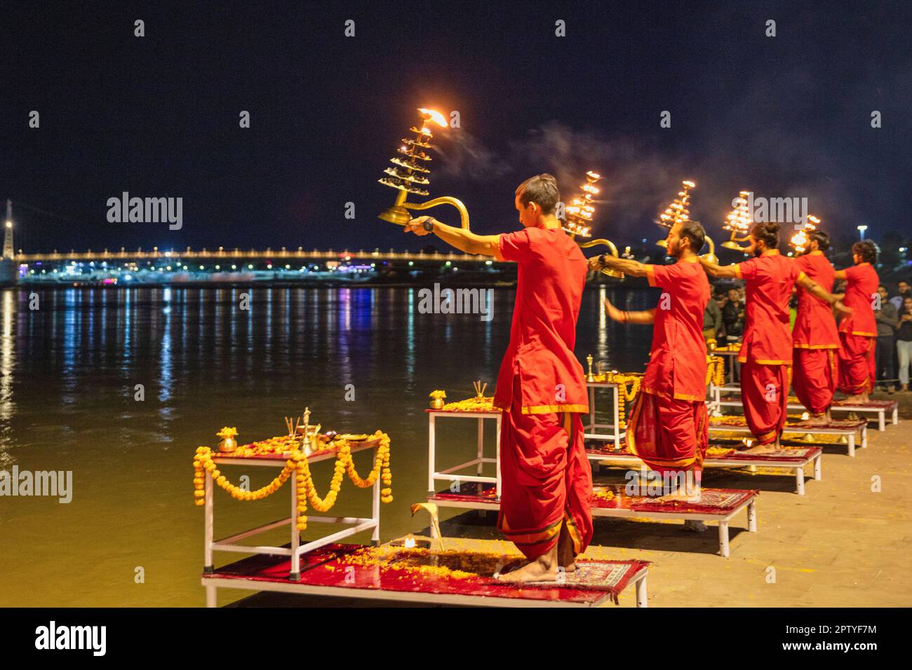 India, Uttarakhand, Rishikesh, Ganga, Ganges river, Ganga Aarti ceremony. Stock Photo