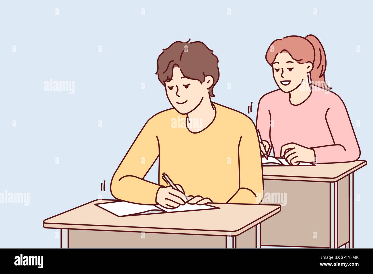 Smiling students sit at desk writing at lesson Stock Vector
