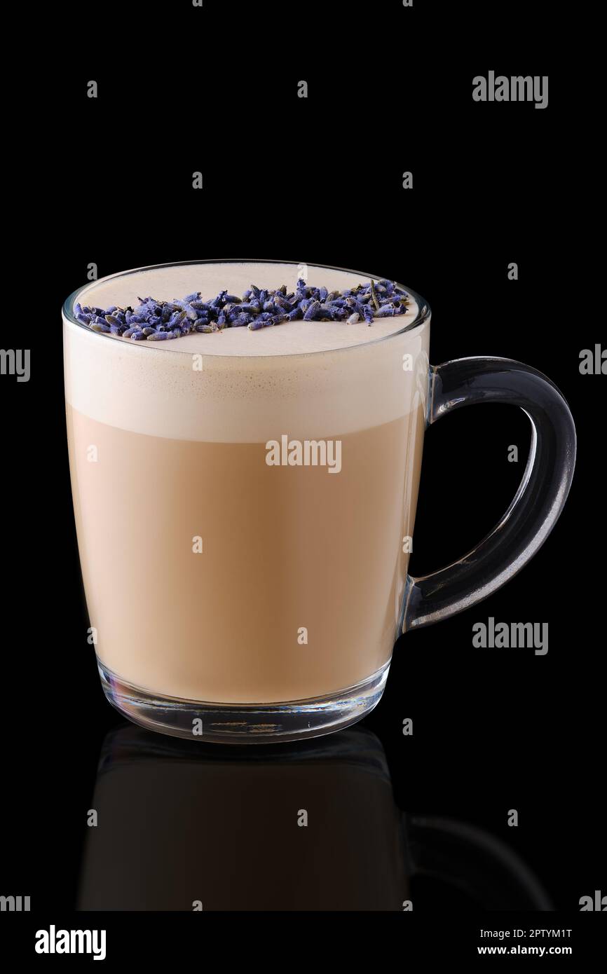 https://c8.alamy.com/comp/2PTYM1T/cup-of-cappuccino-with-lavender-flavour-on-black-background-2PTYM1T.jpg