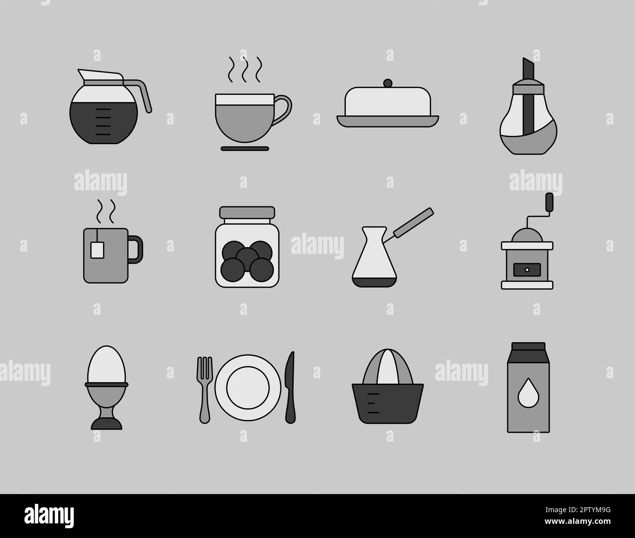 Breakfast and kitchen vector grayscale icon set. Graph symbol for cooking web site and apps design, logo, app, UI Stock Photo