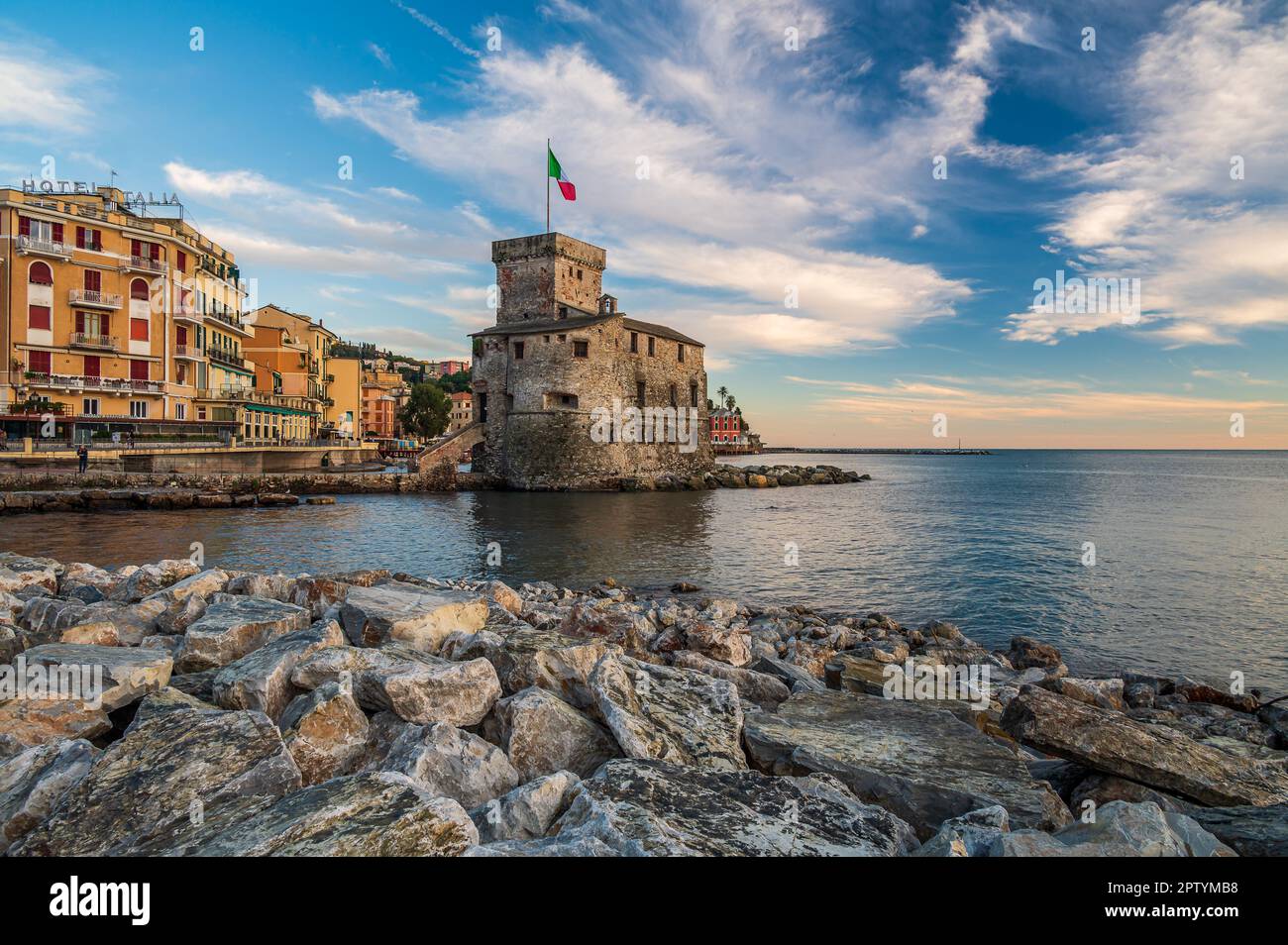 Ancient castle built on the bay of Rapallo on the Italian Riviera Stock ...