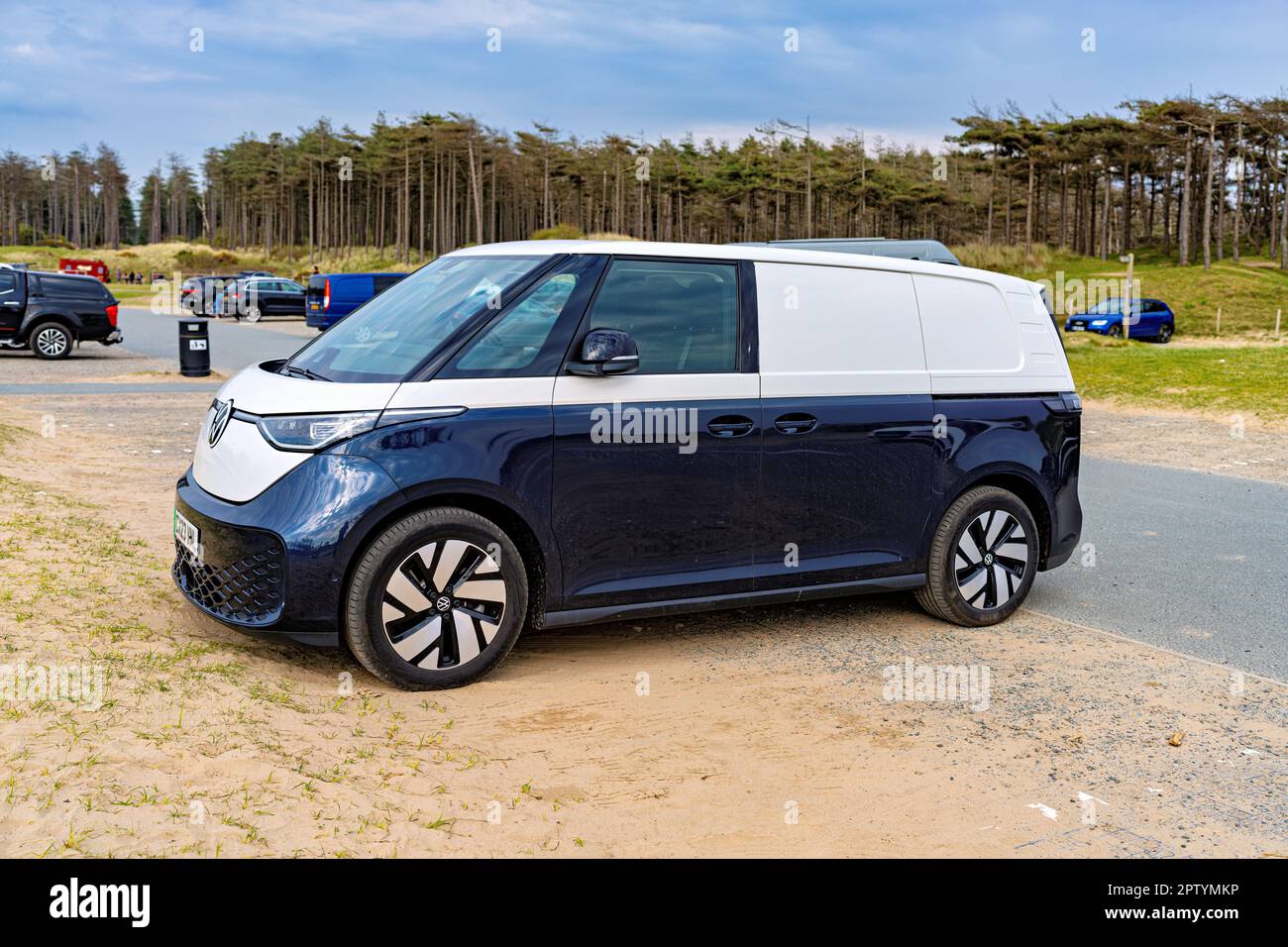 Newborough Wales UK April 2023. A modern, compact VW ID.Buzz electric vehicle parked in Newborough - a clean and energy efficient mode of transportati Stock Photo