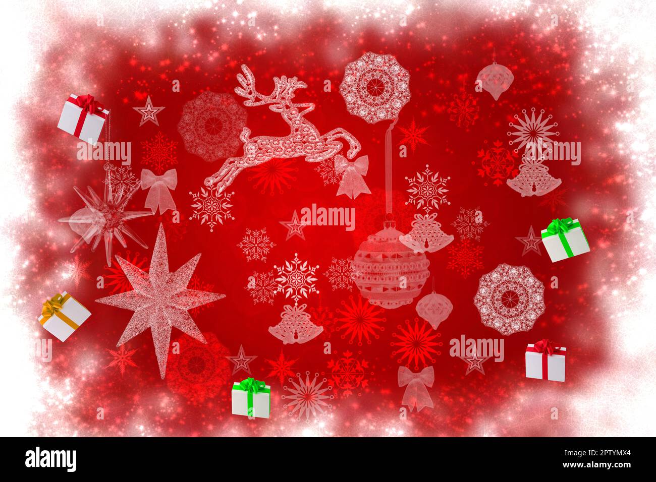 Abstract festive red pink glittering christmas background texture with bokeh lighted  stars, baubles, gift boxes, a stag and other xmas elements. Beau Stock Photo