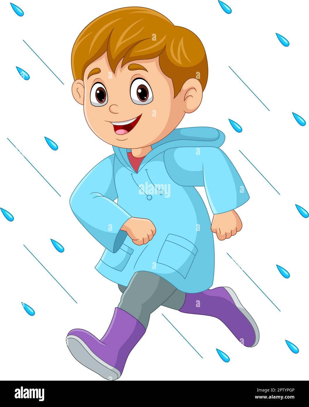 Cartoon little boy running wearing raincoat and boots in the rain Stock Vector