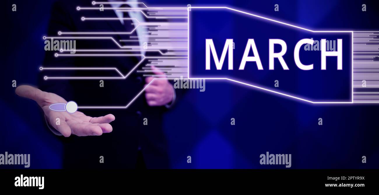 Text caption presenting March, Business overview third month year where ...
