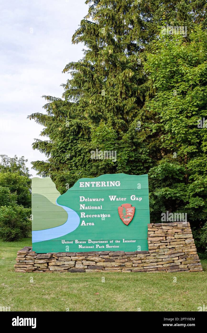 Pocono Mountains Poconos Pennsylvania Delaware Water Gap National Recreation Area,Bushkill sign entrance, Stock Photo