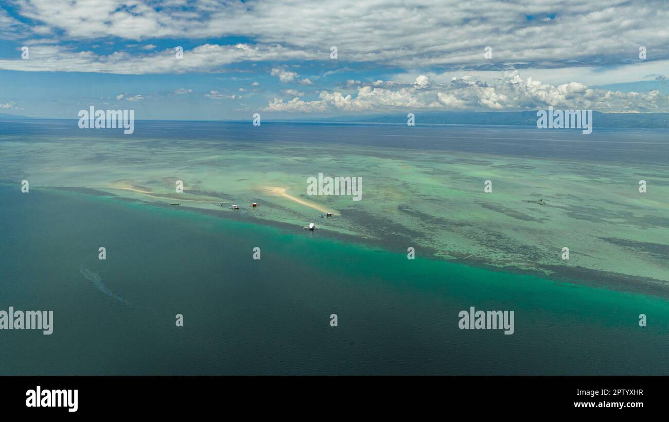 Aerial drone of Manjuyod sandbar in the sea on the atoll. Negros ...
