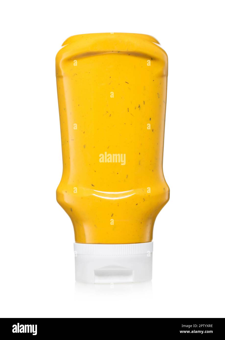 Hot dog creamy classic sauce with mustard in plastic bottle on white