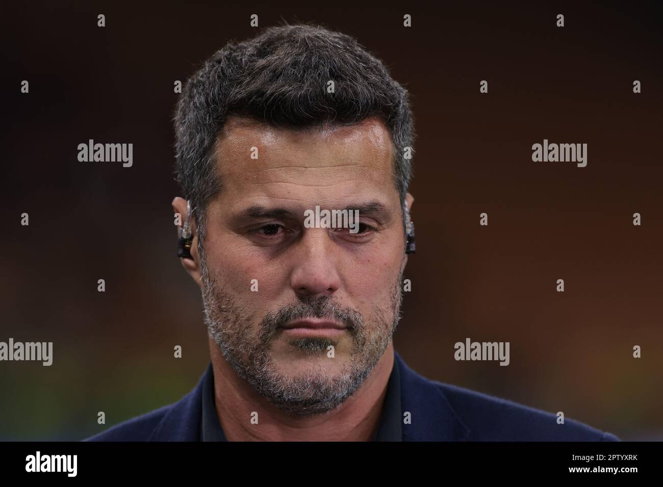 Milan, Italy, 19th April 2023. Former FC Internazionale and Brazil goalkeeper Julio Cesar looks on as he holds a UEFA Champions League and Amazon Prime branded microphone as he comments following the UEFA Champions League match at Giuseppe Meazza, Milan. Picture credit should read: Jonathan Moscrop / Sportimage Stock Photo