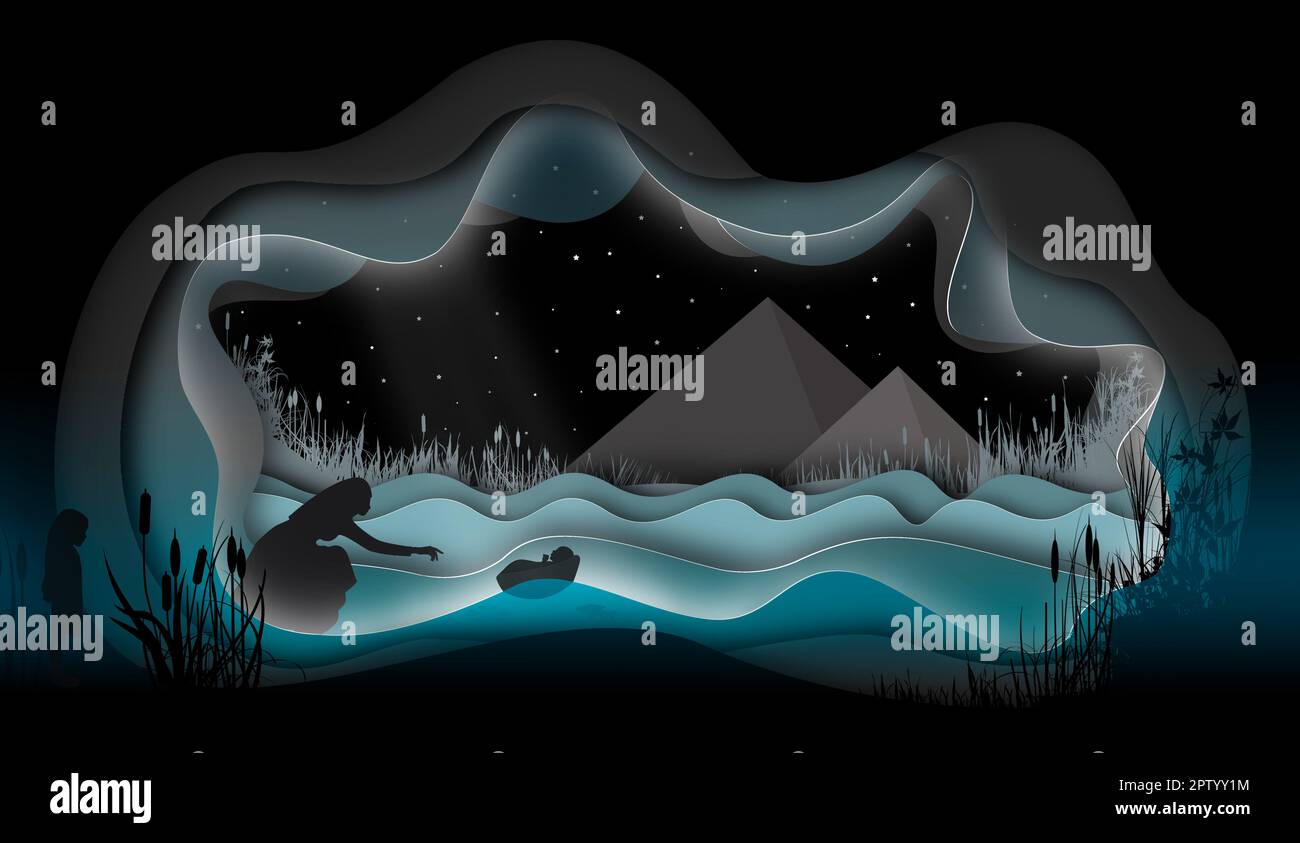 Baby Moses in a Basket. Found by a pharaoh's daughter. Bible story