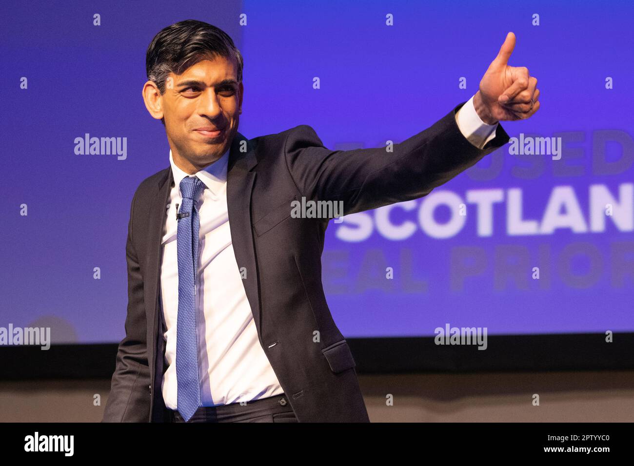 Glasgow, Scotland, UK. 28th Apr, 2023. Scottish Conservative Conference 2023. British Prime Minister Rishi Sunak leaves the stage after his address to the conference and question and answer session at the Scottish Events Campus (SEC) in Glasgow Credit: Kay Roxby/Alamy Live News Stock Photo