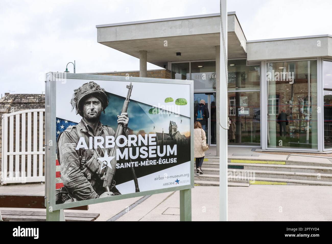 Airborne Museum,in,at,Sainte Mere Eglise,village,with,famous,church,first,liberated,village,by,USA, Army,soldiers,during,D Day,June,1944,Normandy,Normandie,France,French,Europe,European, Stock Photo