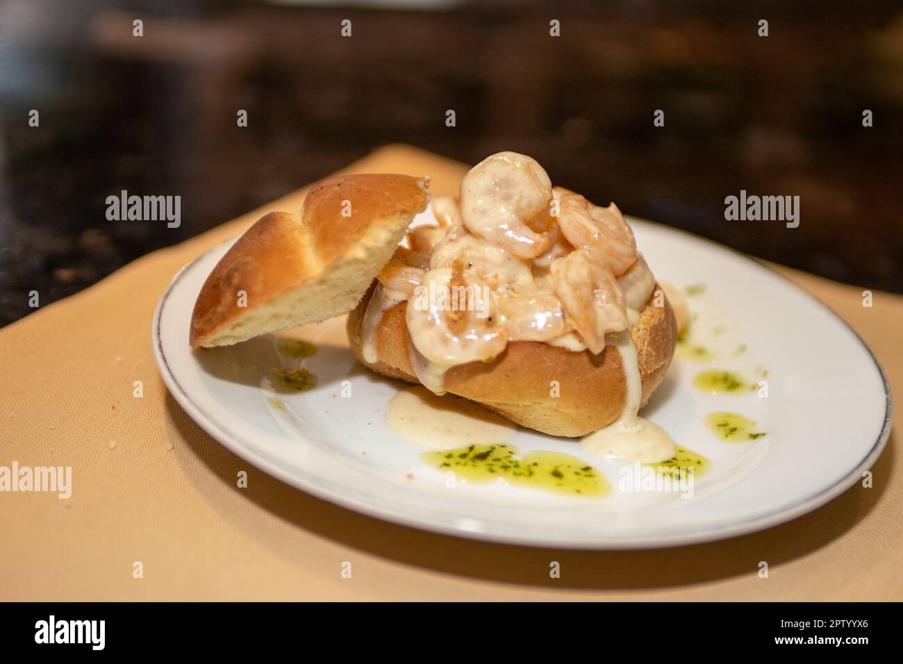 Shrimp Bisque in a bread bowl for one Stock Photo