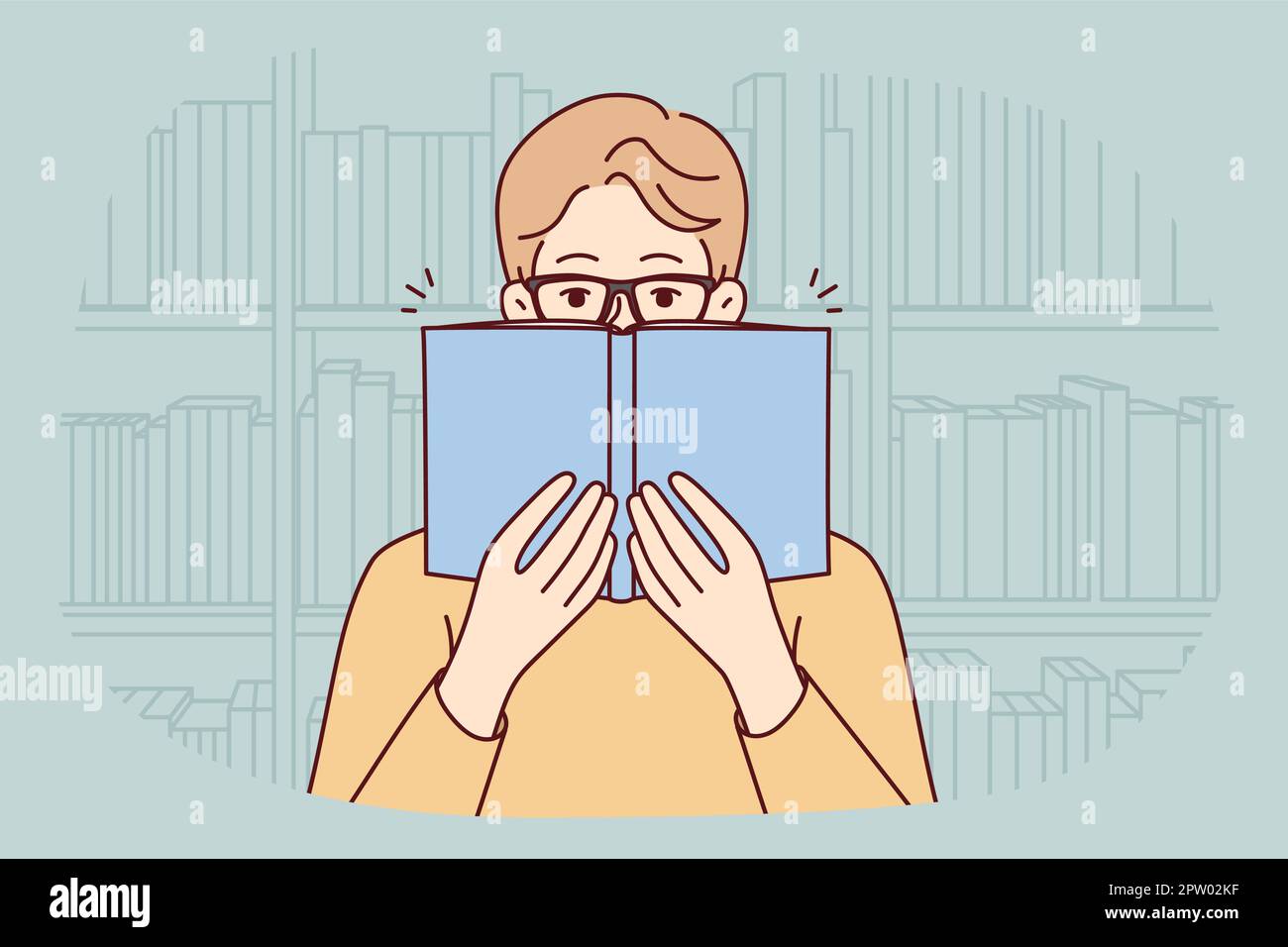 Man in glasses reading book in library Stock Vector